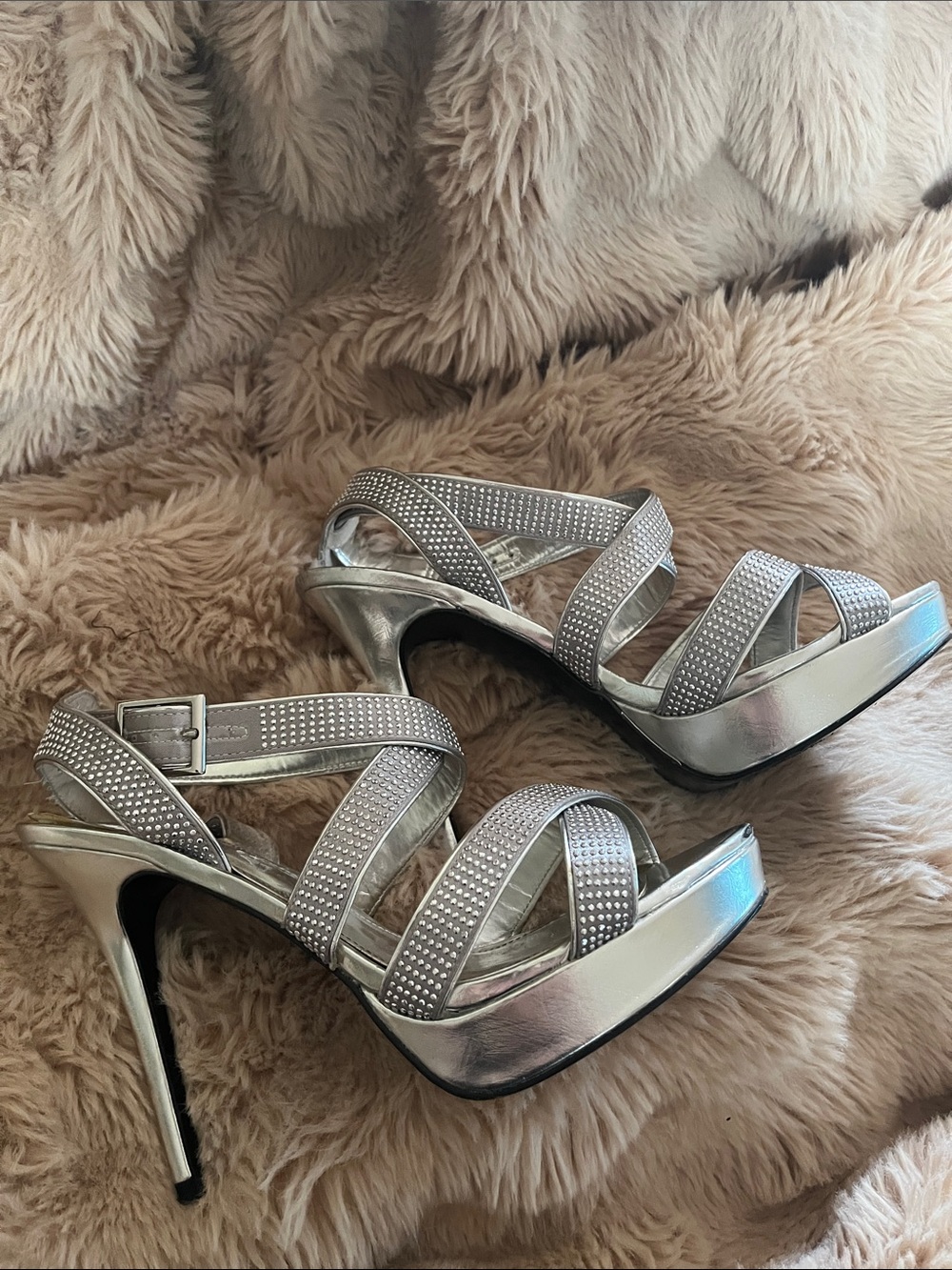 Silver Rhinestone Crisscross Platform High Heels